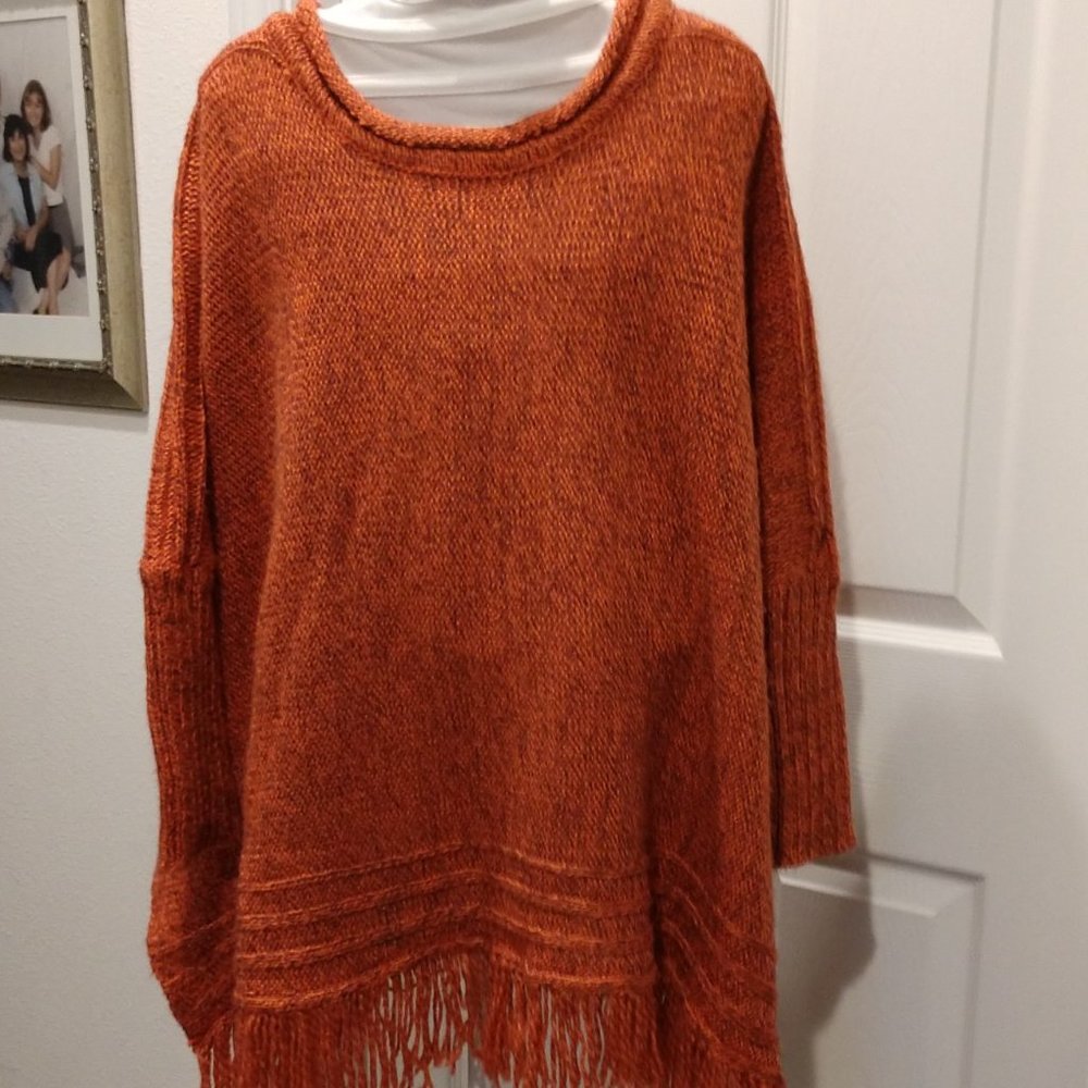 Poncho Oversized Pullover Knit 3/4 Batwing Sleeve Heathered Gray Orange
